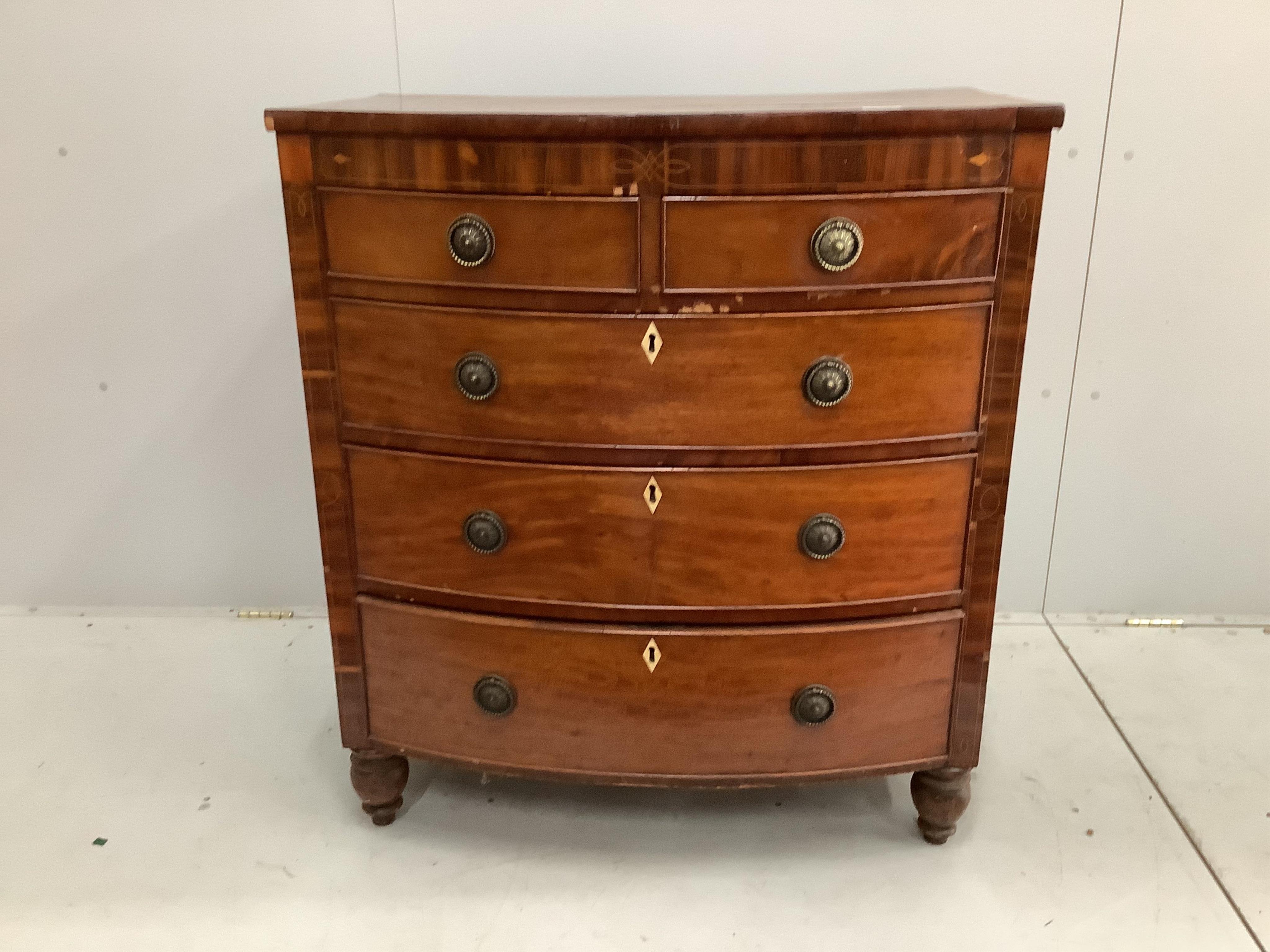 A Regency mahogany bow front chest, width 90cm, depth 57cm, height 102cm. Condition - poor to fair